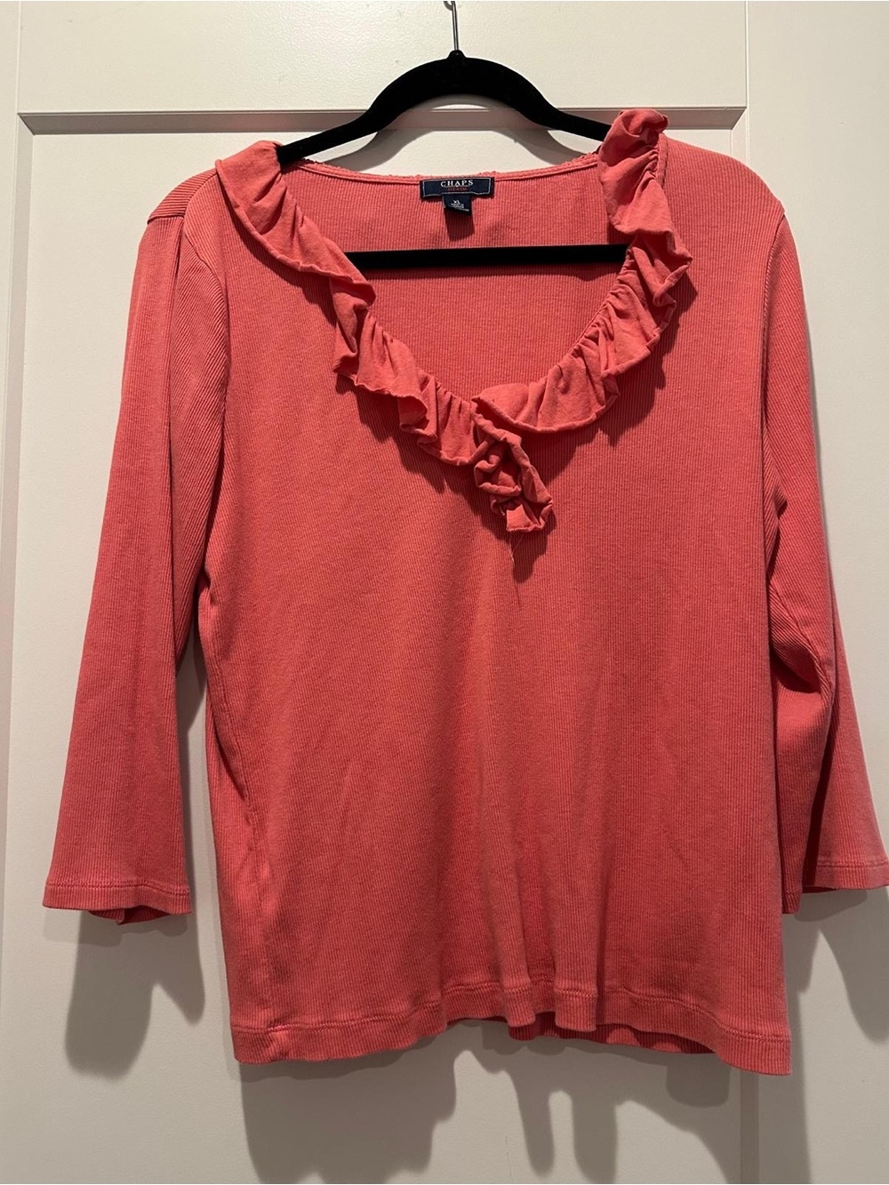 Chaps Women's Coral Ruffle V-Neck Long Sleeve Top